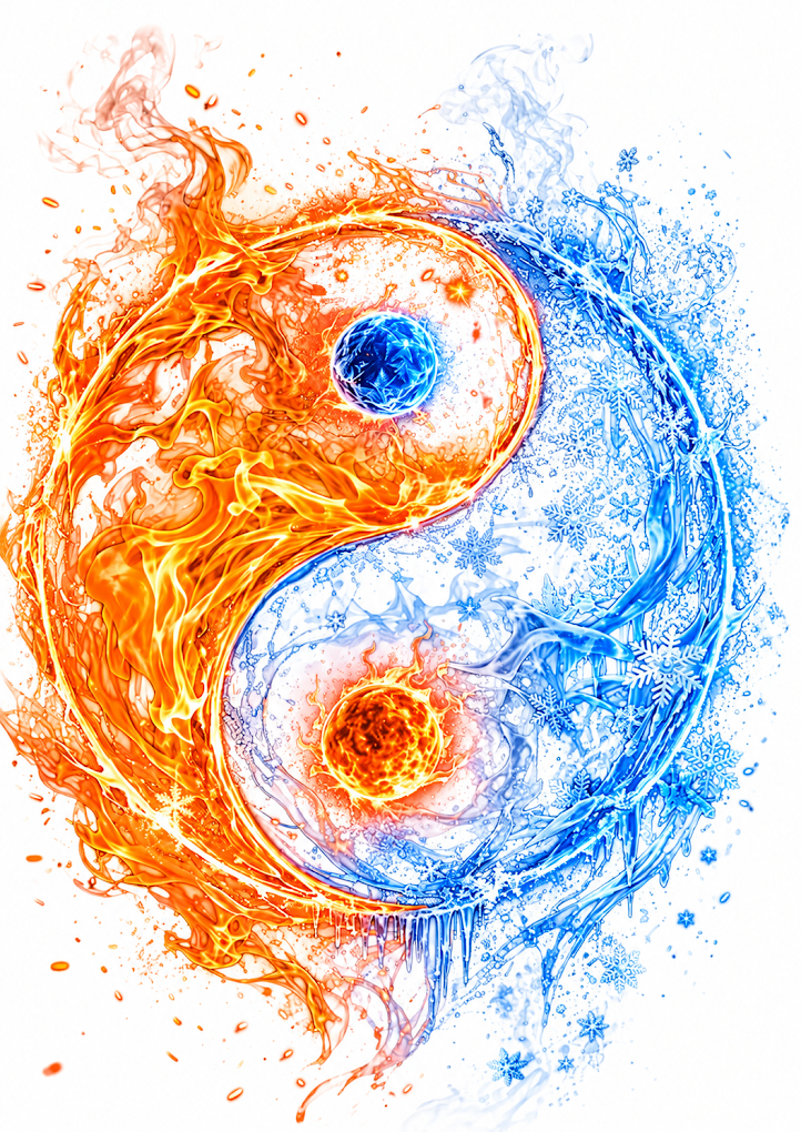 Fire and ice forming a balanced circular mark